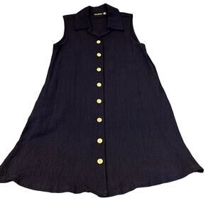 Women's Nina Leonard Navy Crinkle Fabric Button Down Sleeveless Dress Size L